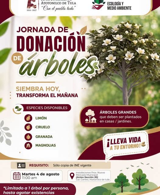 Recuerda que mañana habrá 𝘂𝗻𝗮 𝗷𝗼𝗿𝗻𝗮𝗱𝗮 𝗱𝗲 𝗱𝗼𝗻𝗮𝗰𝗶𝗼́𝗻 𝗱𝗲 𝗮́𝗿𝗯𝗼𝗹𝗲𝘀 𝗳𝗿𝘂𝘁𝗮𝗹𝗲𝘀 en Atotonilco de Tula