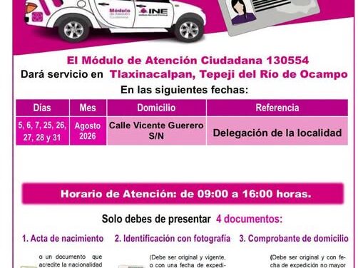 Instalan módulo itinerante del INE en Tlaxinacalpan para facilitar trámites de la Credencial para Votar