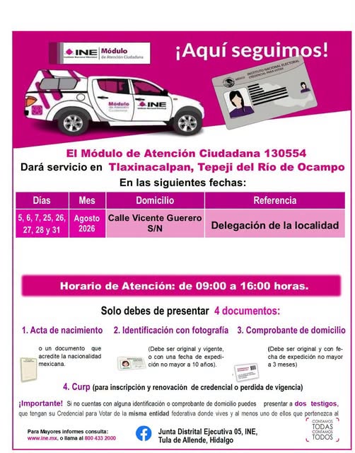 Instalan módulo itinerante del INE en Tlaxinacalpan para facilitar trámites de la Credencial para Votar