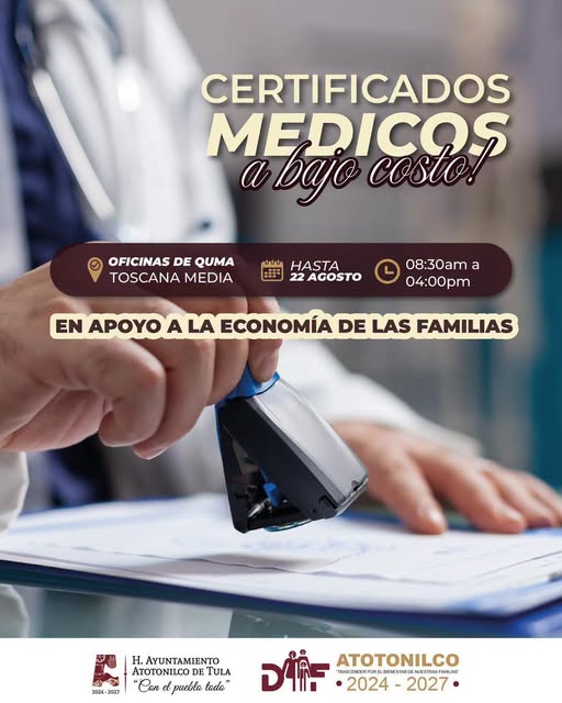 Certificados médicos a bajo costo en el DIF Atotonilco de Tula