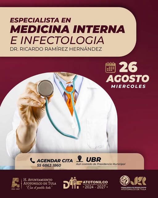 Habrá consulta en Medicina interna e Infectología en la UBR Atotonilco de Tula