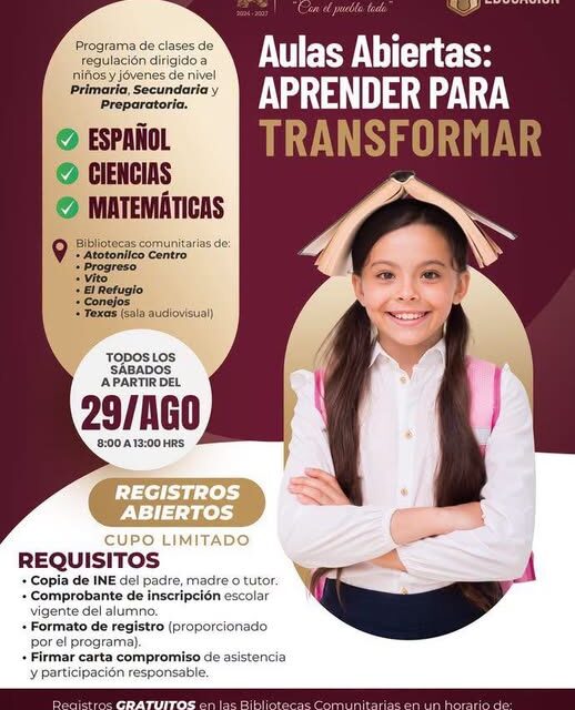 Reanudan programa 𝗔𝘂𝗹𝗮𝘀 𝗔𝗯𝗶𝗲𝗿𝘁𝗮𝘀: 𝗔𝗽𝗿𝗲𝗻𝗱𝗲𝗿 𝗽𝗮𝗿𝗮 𝗧𝗿𝗮𝗻𝘀𝗳𝗼𝗿𝗺𝗮𝗿 en Atotonilco de Tula