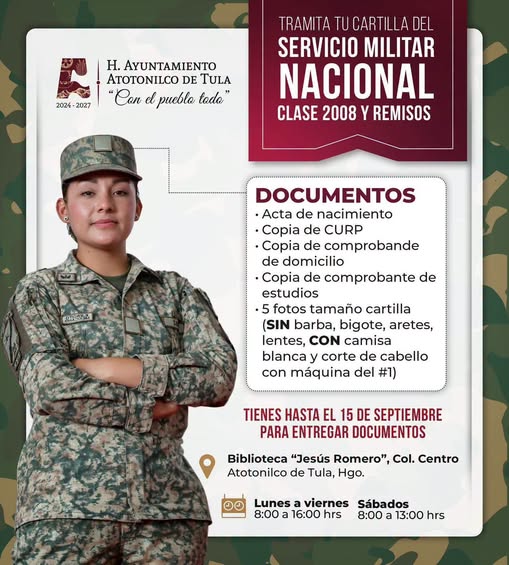 Convocan a jóvenes de Atotonilco de Tula a tramitar su Cartilla del Servicio Militar Nacional