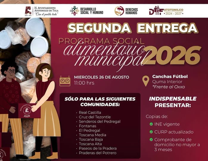 Segunda entrega del Programa Social Alimentario Municipal 2026 llegará a fraccionamientos de Atotonilco de Tula