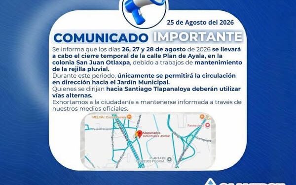 Habrá cierres a la circulación por trabajos de mantenimiento en Tepeji