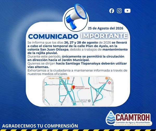 Habrá cierres a la circulación por trabajos de mantenimiento en Tepeji