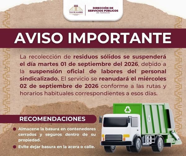 Suspenderán recolección de residuos en Tula este martes 1 de septiembre