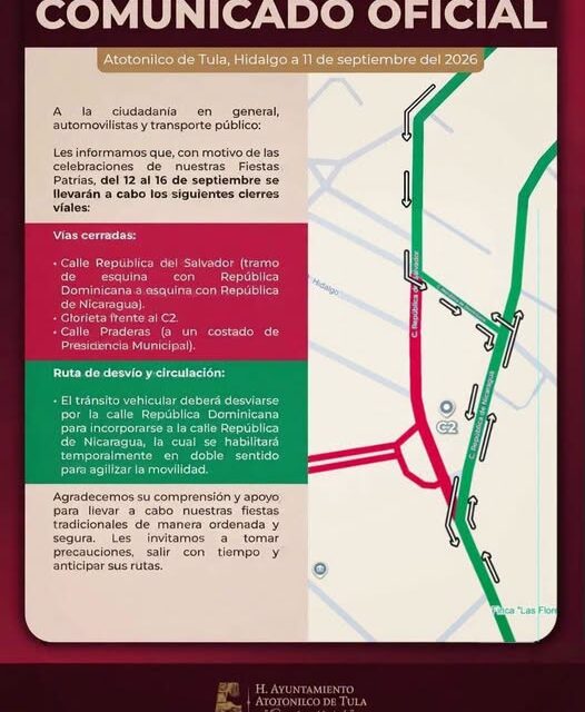 Anuncian cierre de vialidades por Fiestas Patrias en Atotonilco de Tula