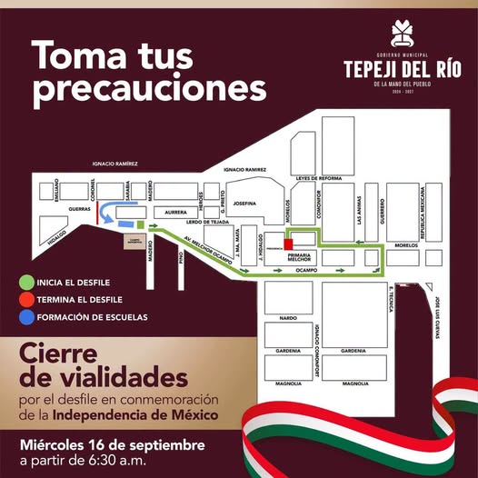 Anuncian cierre de vialidades en Tepeji del Río por desfile