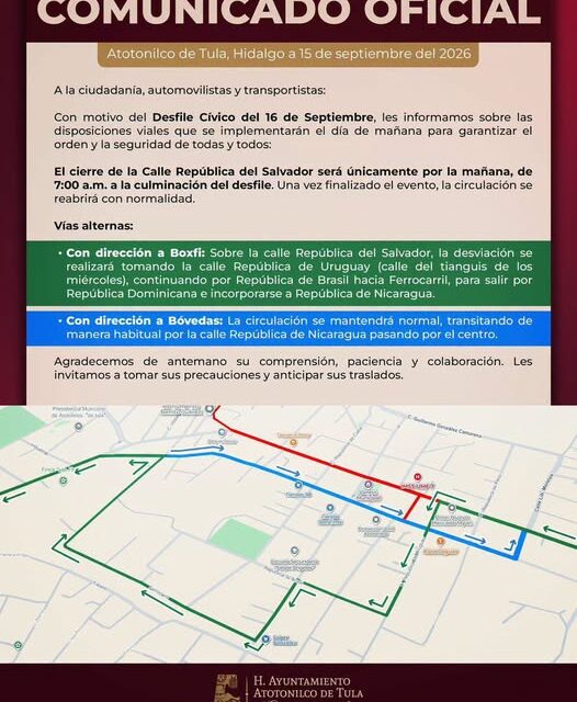 Habrá cambio en las vialidades por desfile cívico en Atotonilco de Tula