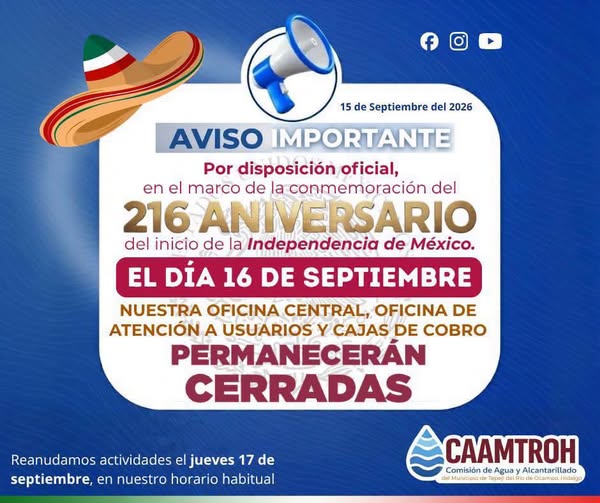 Comisión de Agua de Tepeji del Río suspenderá actividades el 16 de septiembre