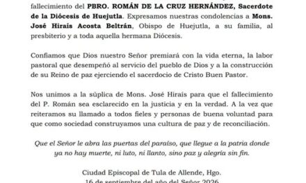 El obispo de la diócesis de Tula, Juan Pedro Juárez Meléndez, suplicó por justicia ante el asesinato del sacerdote Román de la Cruz Hernández, quien estaba asignado a la parroquia Santa Cruz, en Huejutla.