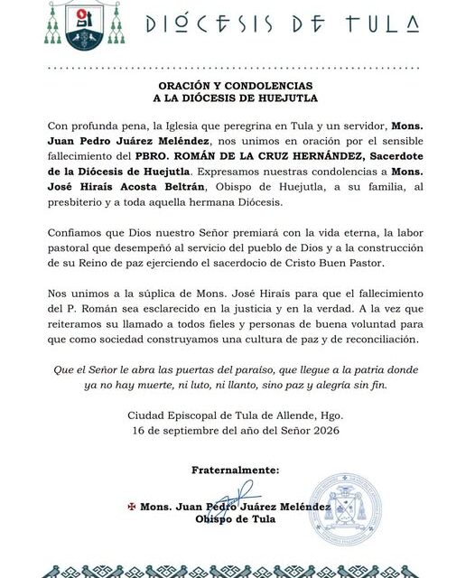 El obispo de la diócesis de Tula, Juan Pedro Juárez Meléndez, suplicó por justicia ante el asesinato del sacerdote Román de la Cruz Hernández, quien estaba asignado a la parroquia Santa Cruz, en Huejutla.