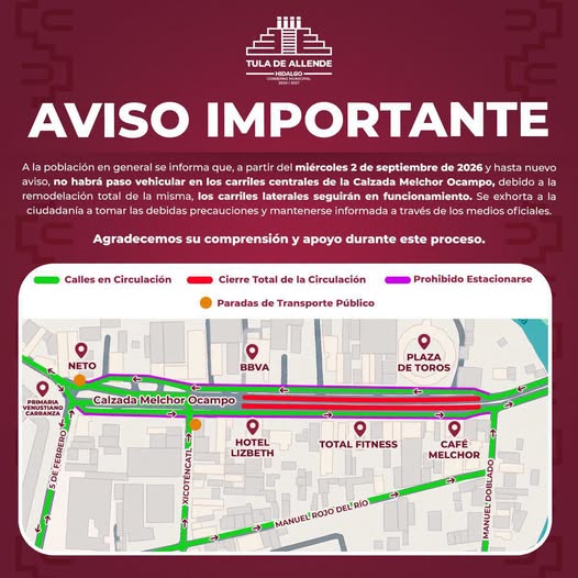 Cierran carriles centrales de la Calzada Melchor Ocampo por remodelación