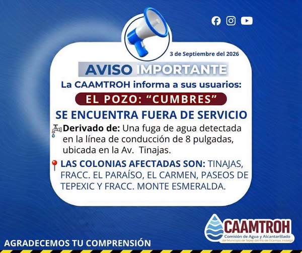 CAAMTROH realiza trabajos de reparación de fuga de agua potable en la avenida Tinajas