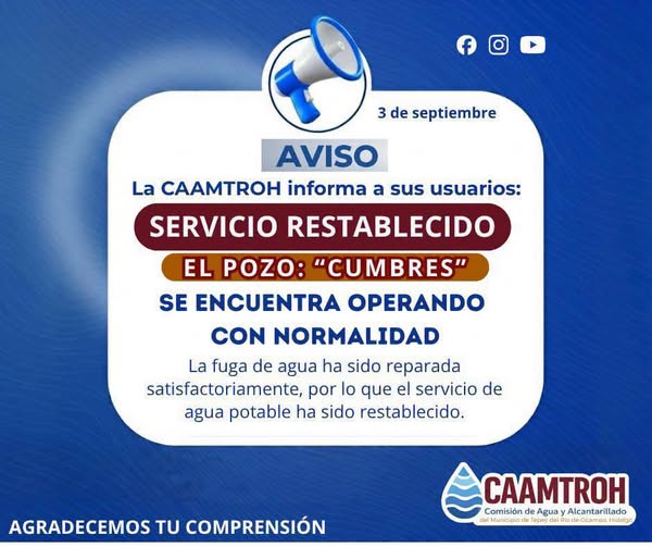 Restablecen suministro de agua potable tras reparar fuga en red de distribución