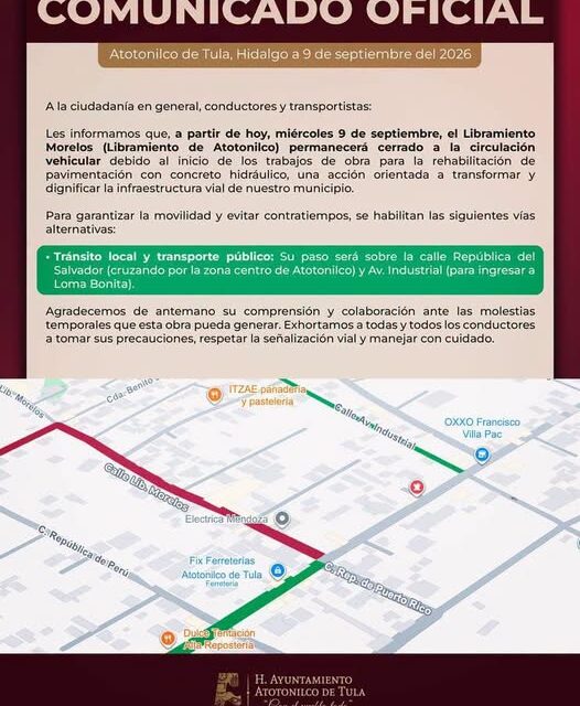 Cierran el Libramiento Morelos de Atotonilco de Tula por obras de rehabilitación