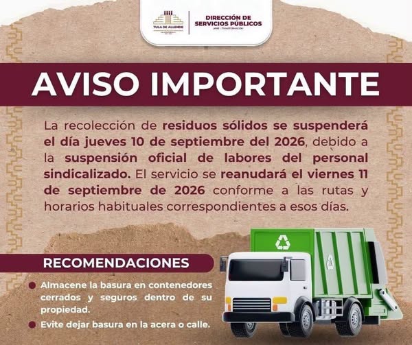 Servicio de recolección de basura estará suspendido este Jueves 10 de Septiembre en Tula