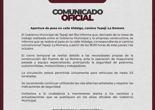 Apertura de paso en calle Hidalgo, camino Tepeji-La Romera