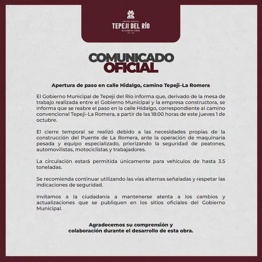 Apertura de paso en calle Hidalgo, camino Tepeji-La Romera
