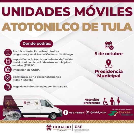 Unidades Móviles del Gobierno de Hidalgo llegarán a Atotonilco de Tula
