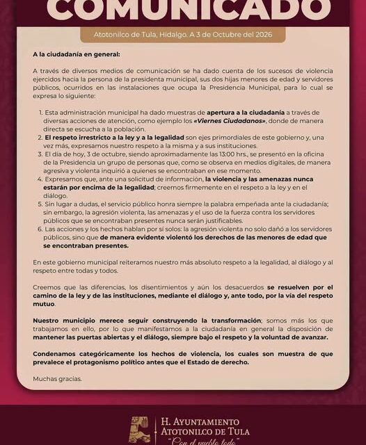 El gobierno municipal de Atotonilco de Tula emiten el siguiente comunicado
