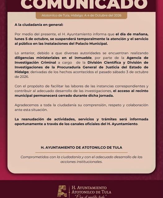 Comunicado del gobierno municipal de Atotonilco de Tula