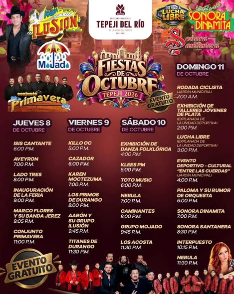 Grandes artistas y espectáculos gratuitos llegan a Tepeji con las Fiestas de Octubre