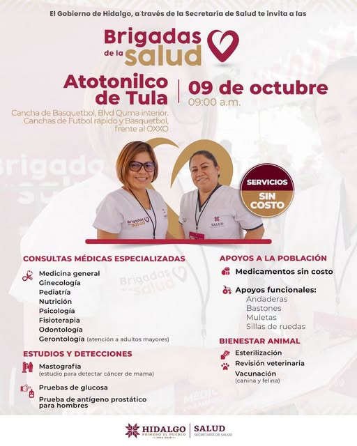 Brigadas de Salud llevarán servicios médicos gratuitos a Atotonilco de Tula
