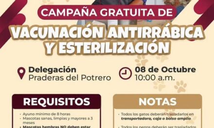 Realizarán campaña gratuita de vacunación y esterilización canina y felina en Praderas del Potrero