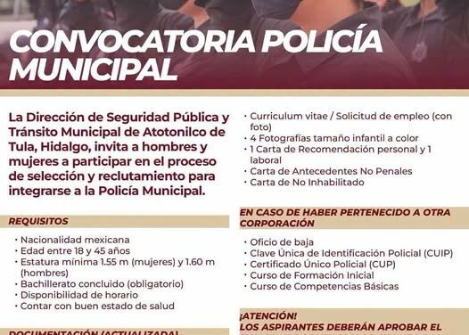 Mantienen abierta convocatoria para integrarse a la Policía Municipal de Atotonilco de Tula