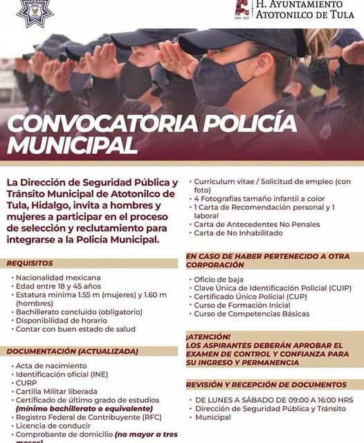 Mantienen abierta convocatoria para integrarse a la Policía Municipal de Atotonilco de Tula