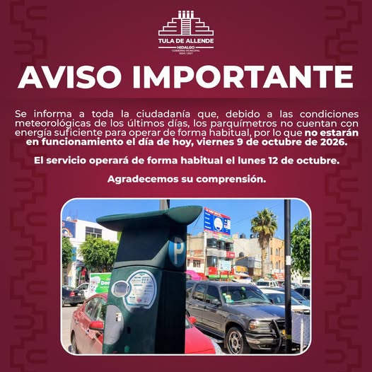 Suspenden servicio de parquímetros en Tula de Allende por fallas de energía eléctrica