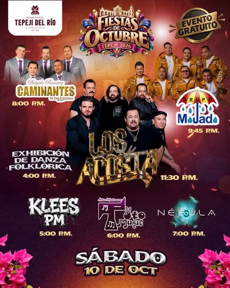 Los Acosta, Grupo Mojado y Los Caminantes encabezan la cartelera de este sábado en las Fiestas de Octubre Tepeji 2026