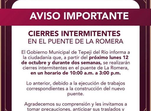Anuncian cierres intermitentes en el puente de La Romera, en Tepeji del Río