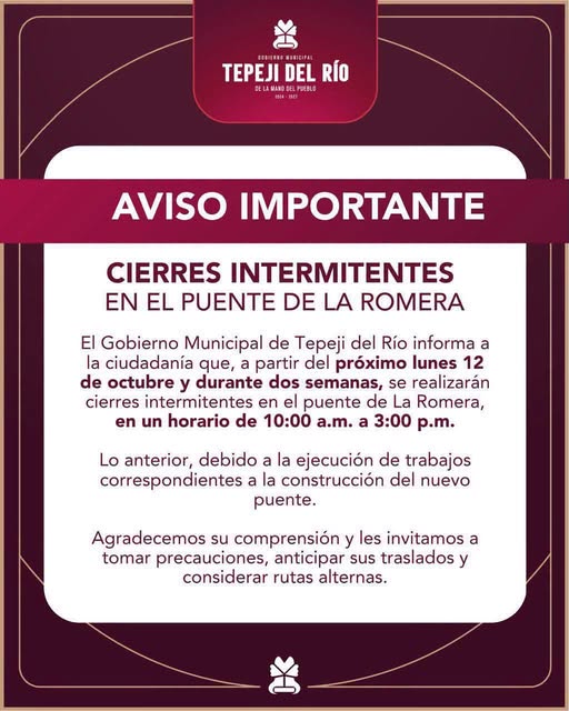Anuncian cierres intermitentes en el puente de La Romera, en Tepeji del Río