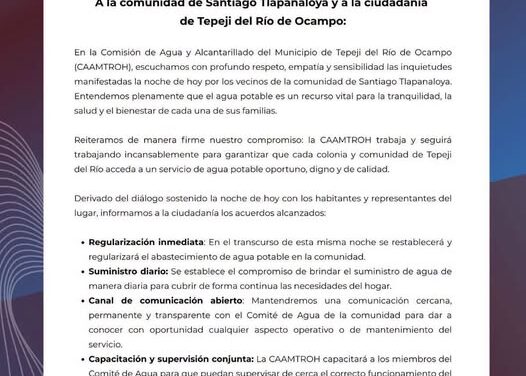 A la comunidad de Santiago Tlapanaloya y a la ciudadanía de Tepeji del Río de Ocampo el gobierno municipal informa: