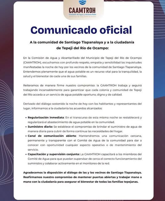 A la comunidad de Santiago Tlapanaloya y a la ciudadanía de Tepeji del Río de Ocampo el gobierno municipal informa: