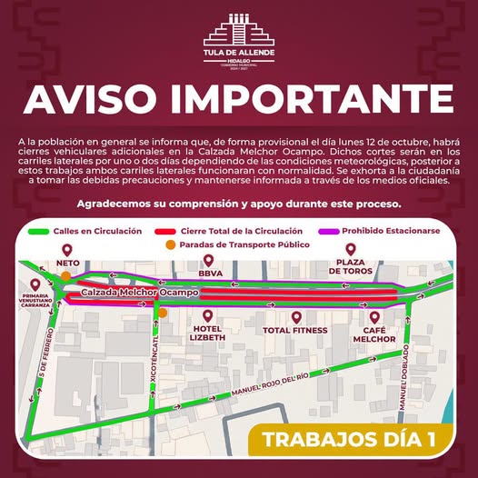 Anuncian cierres vehiculares adicionales en la Calzada Melchor Ocampo, en Tula