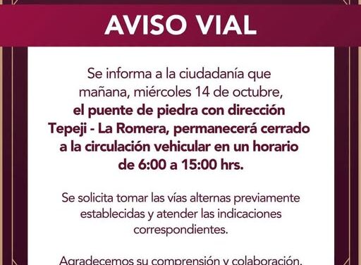 Cerrarán el Puente de Piedra en dirección de Tepeji a La Romera este miércoles