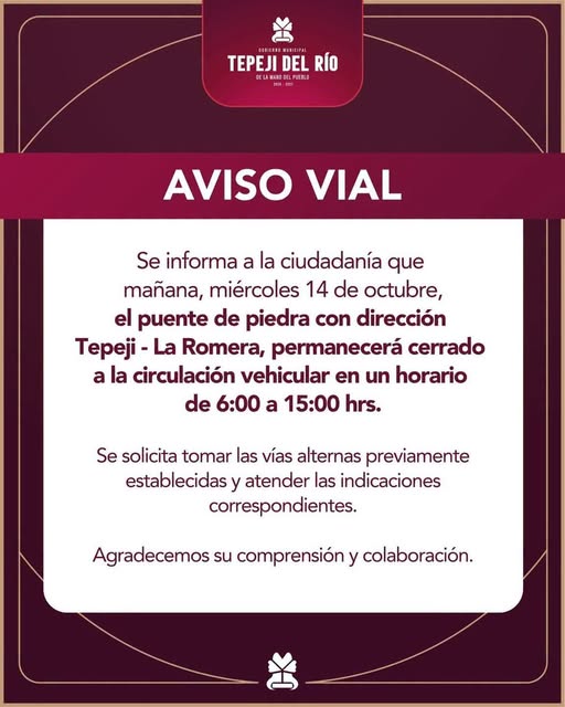 Cerrarán el Puente de Piedra en dirección de Tepeji a La Romera este miércoles