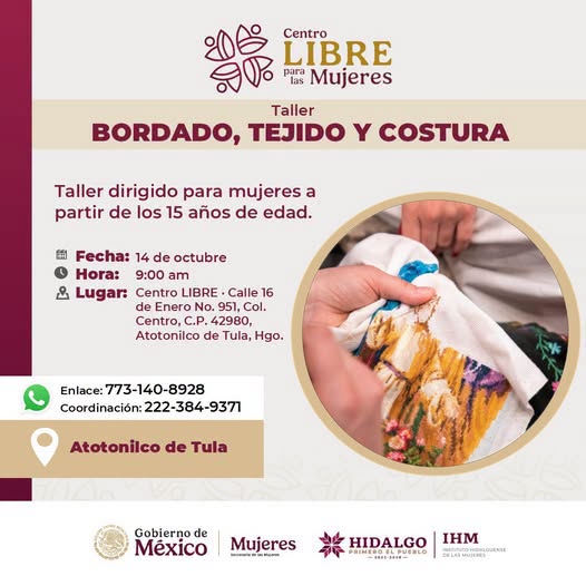 Invitan a mujeres de Atotonilco de Tula a participar en taller de bordado, tejido y costura
