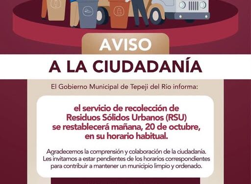 Tepeji del Río restablecerá el servicio de recolección de basura este 20 de octubre