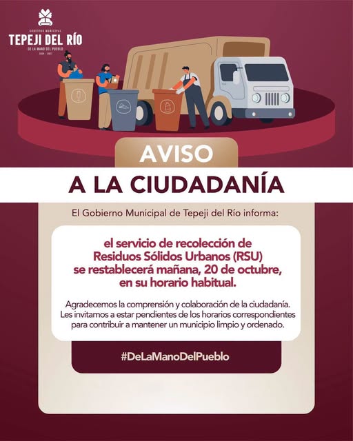 Tepeji del Río restablecerá el servicio de recolección de basura este 20 de octubre
