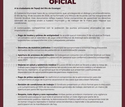 Gobierno de Tepeji y Comité Sindical firman acuerdo para atender demandas laborales