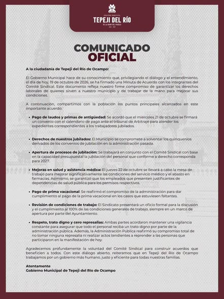 Gobierno de Tepeji y Comité Sindical firman acuerdo para atender demandas laborales