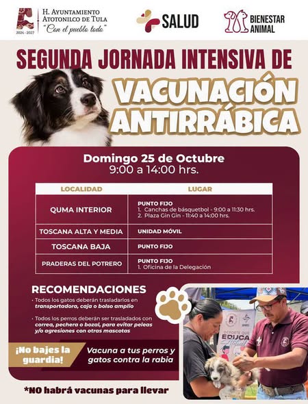 Atotonilco de Tula realizará segunda jornada intensiva de vacunación antirrábica gratuita