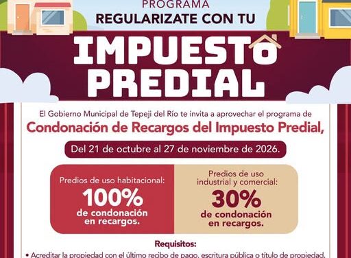 Ofrece Tepeji descuentos de hasta el 100% en recargos del impuesto predial