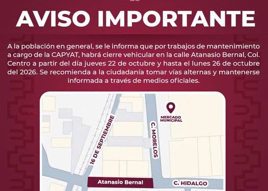 Anuncian cierre vehicular en la calle Atanacio Bernal en Tula por trabajos de mantenimiento