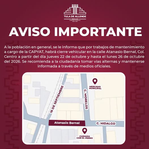 Anuncian cierre vehicular en la calle Atanacio Bernal en Tula por trabajos de mantenimiento